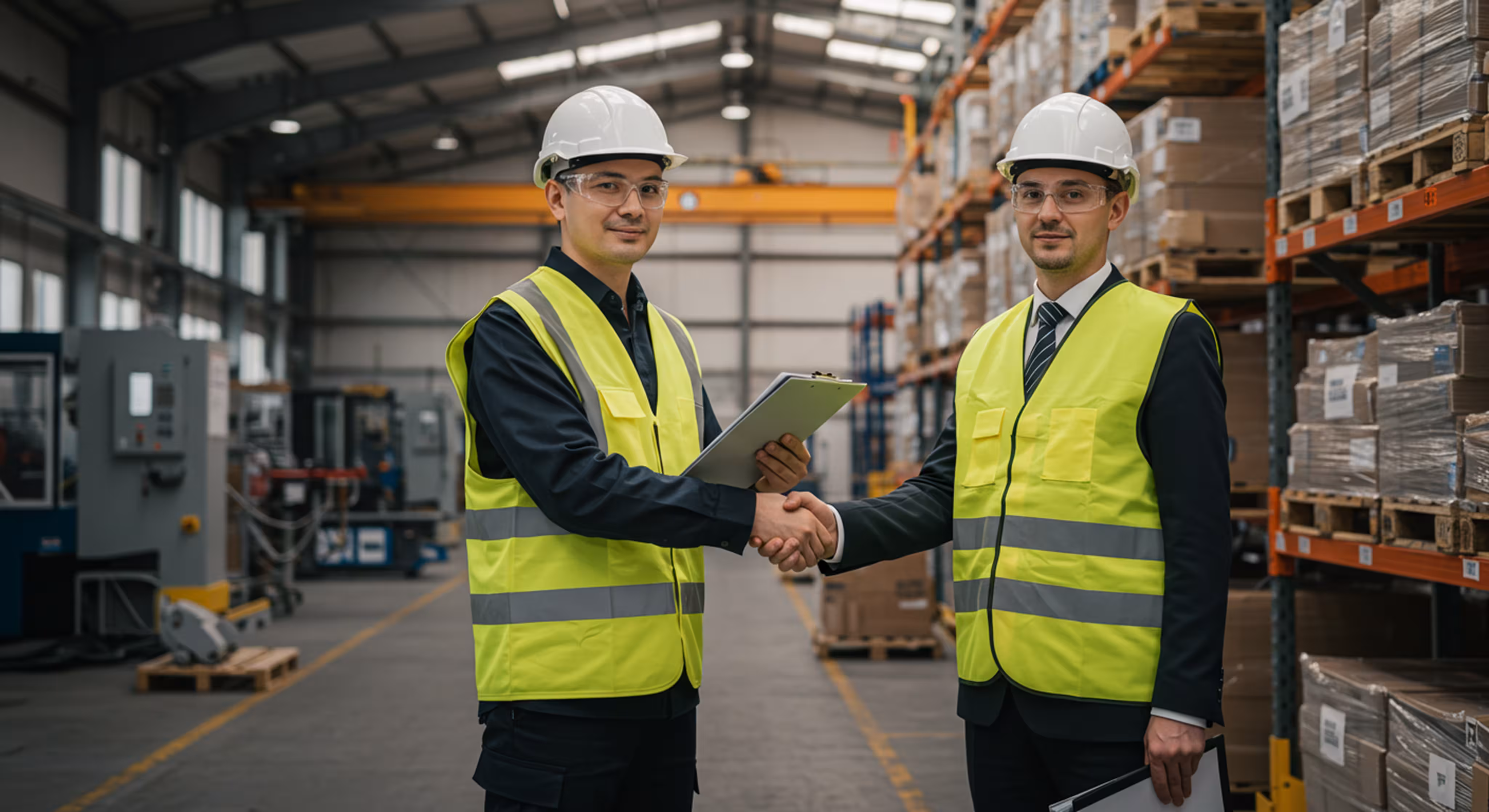 Industrial workers shaking hands