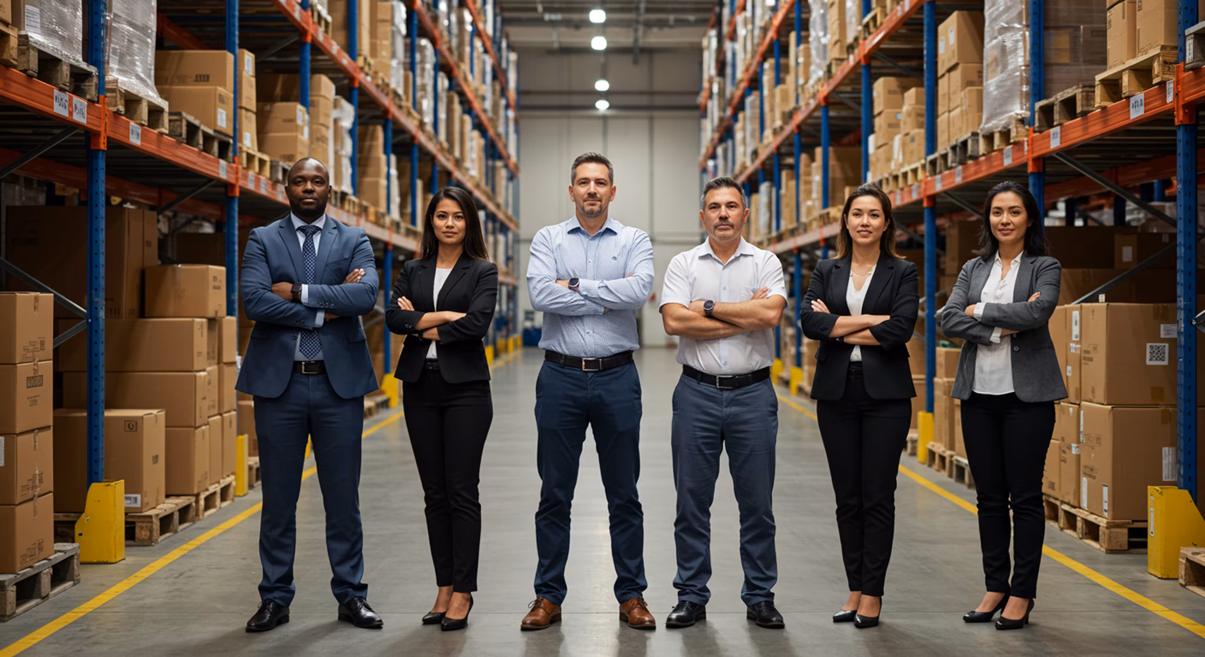 Industrial team standing in warehouse